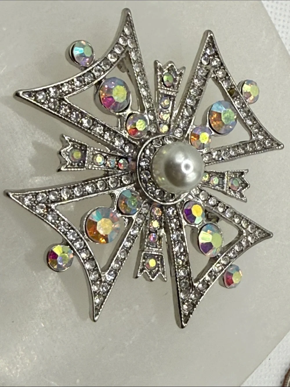 High end Vintage Aurora Borealis pave rhinestone  Cross Brooch faux Pearl Center